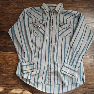 Ely Plains Blue and Gray Striped Pearl Snap Shirt Large